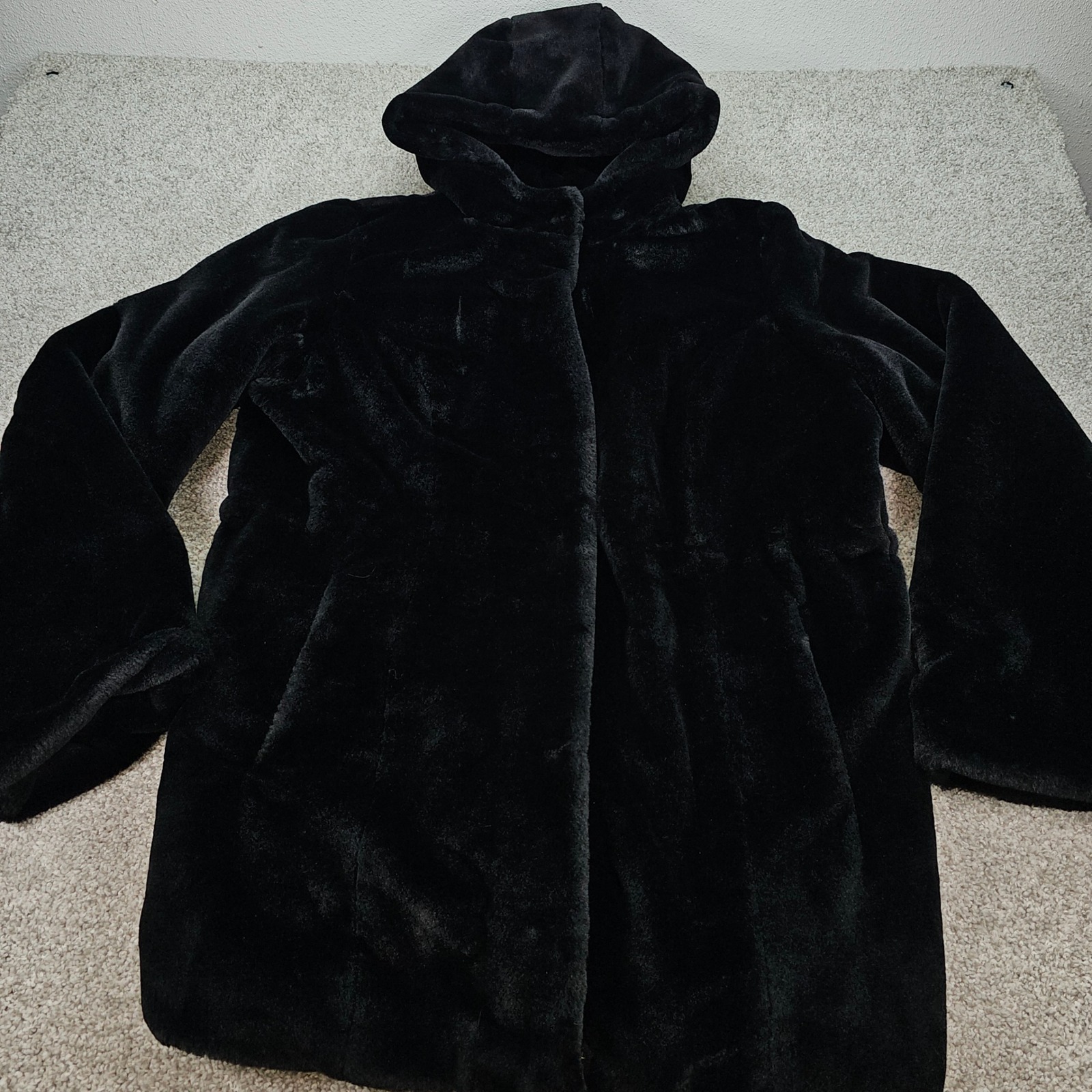 Dennis Basso Womens Black Faux Fur Hooded Coat Xl With Original Coat Bag Nwot
